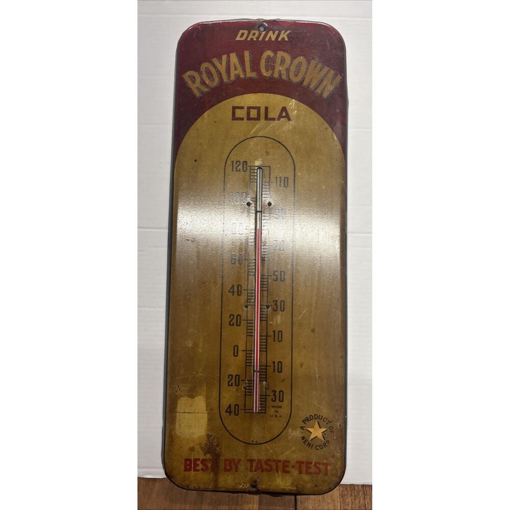 Original 1940's Large 'Drink Royal Crown Cola' Painted Metal Thermometer Sign